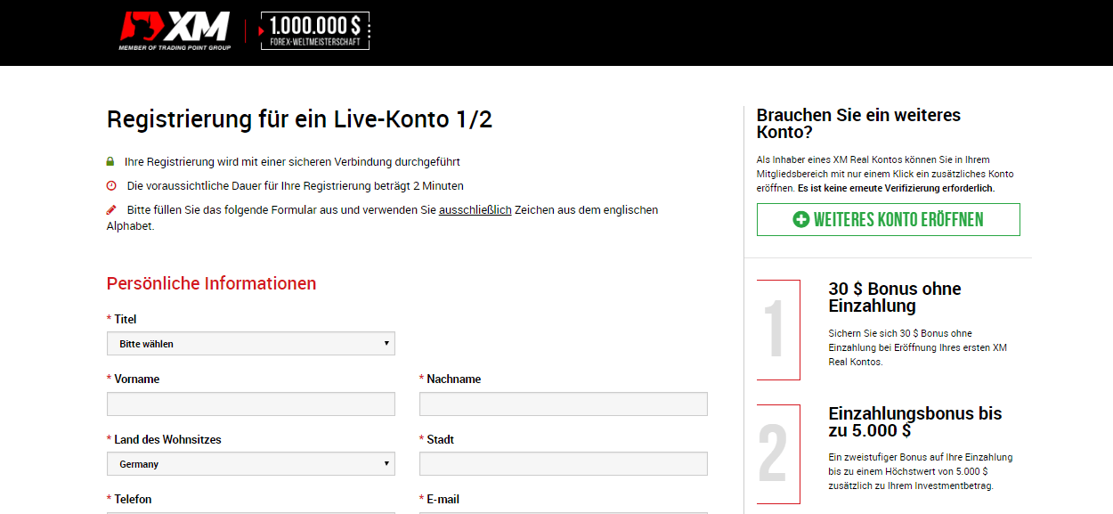 XM.com Registrierungsformular