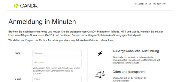Das Kontoeröffnungsformular von Oanda