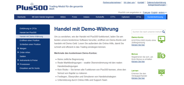 Der Handel mit Demo-Währung bei Plus500