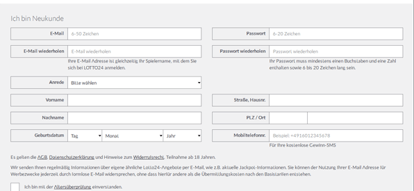 Registrierungsformular bei Lotto24.de