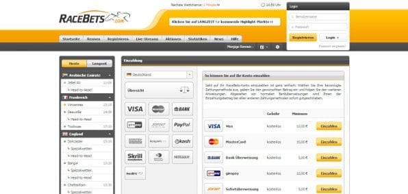 Racebets bietet eine Vielzahl an Zahlungsmethoden wie beispielsweise PayPal